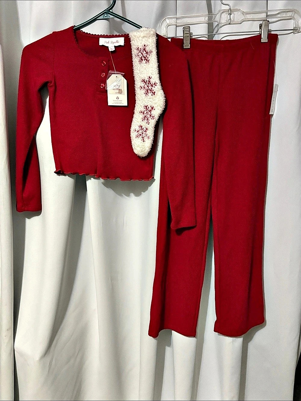Pink Republic Pointelle Lounge Cami and Pants Combo Set with Socks Set Red &